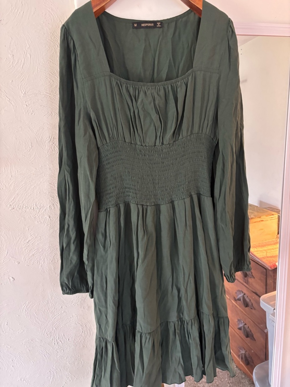 Green Long Sleeve Smocked Waist Dress